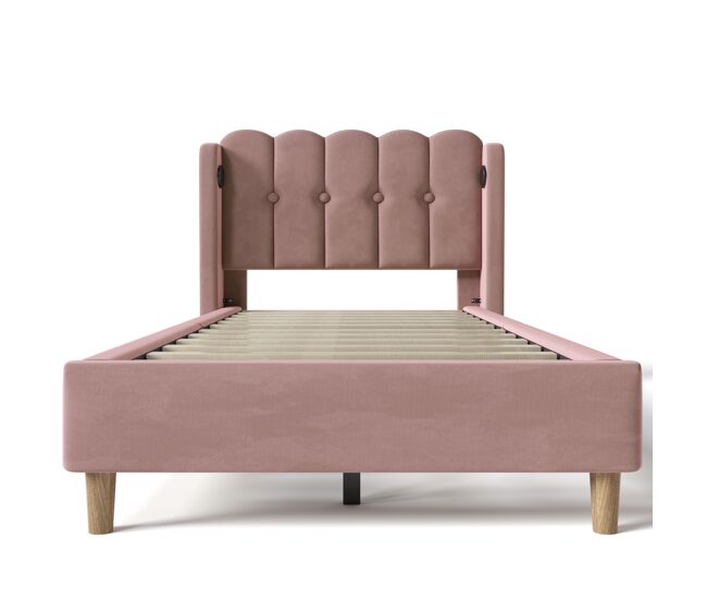 Cama individual 90x200 cm - com função de carregamento usb tipo c, cabeceira acolchoada, estrutura de cama com estrado - rosa