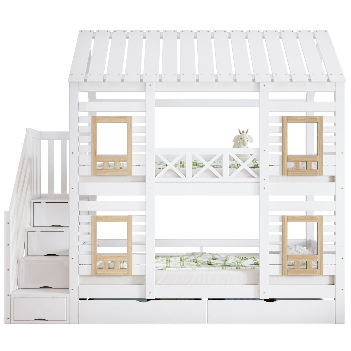 Beliche 90x200cm - com proteção, janela, 2 gavetas, escada com 4 prateleiras - branco+natural