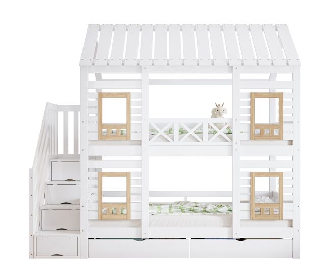 Beliche 90x200cm - com proteção, janela, 2 gavetas, escada com 4 prateleiras - branco+natural