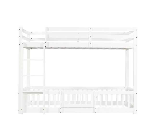 Beliche 90x200 - cama de madeira com escada em ângulo, corrimão e porta, proteção contra quedas, espaço livre por baixo - branco