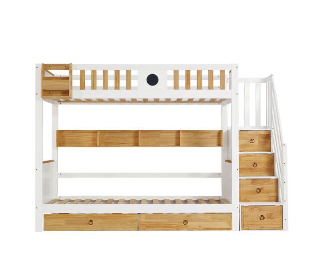 Beliche 90x200cm - com arrumação, com 4 compartimentos na escada, com grade de segurança e 2 gavetas - branco+natural