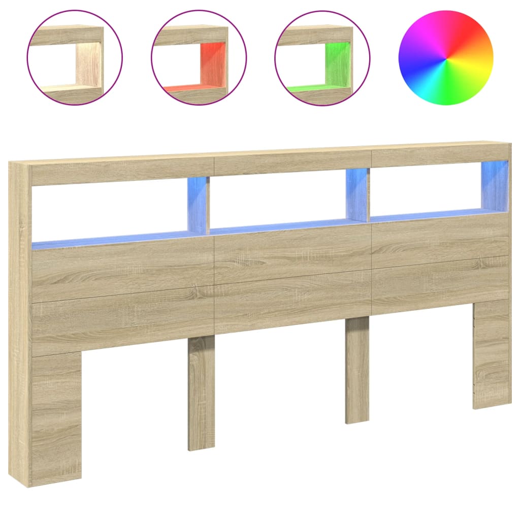 Armário de cabeceira - cabeceira de cama c/ luzes led 200x17x102 cm carvalho sonoma