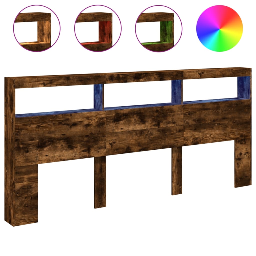 Armário de cabeceira - cabeceira de cama c/ luzes led 220x17x102 cm carvalho fumado