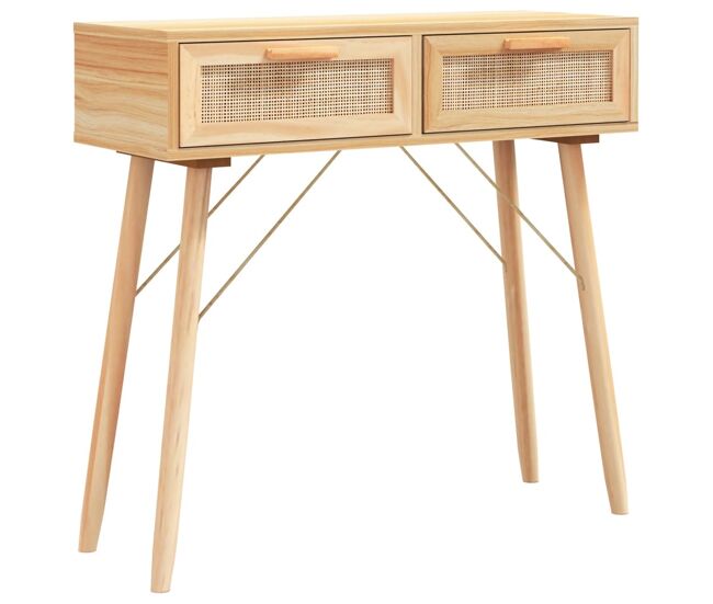 Mesa consola - mesa de entrada 80x30x75 cm pinho maciço e vime natural castanho