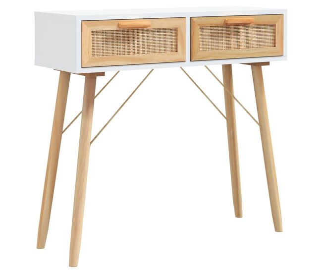Mesa consola - mesa de entrada 80x30x75 cm pinho maciço e vime natural branco