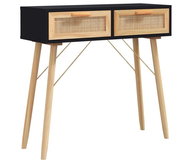 Mesa consola - mesa de entrada 80x30x75 cm pinho maciço e vime natural preto