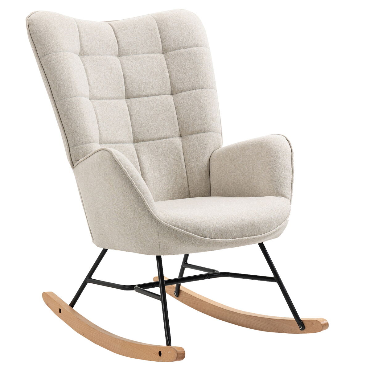 Cadeira de baloiço tipo poltrona em tecido bege, patins de madeira e estrutura metálica, almofadado espesso e encosto alto, estilo nórdico, suporta 120 kg, medidas 98x68x85 cm, altura do assento 44 cm, ideal para amamentação, sala ou quarto 