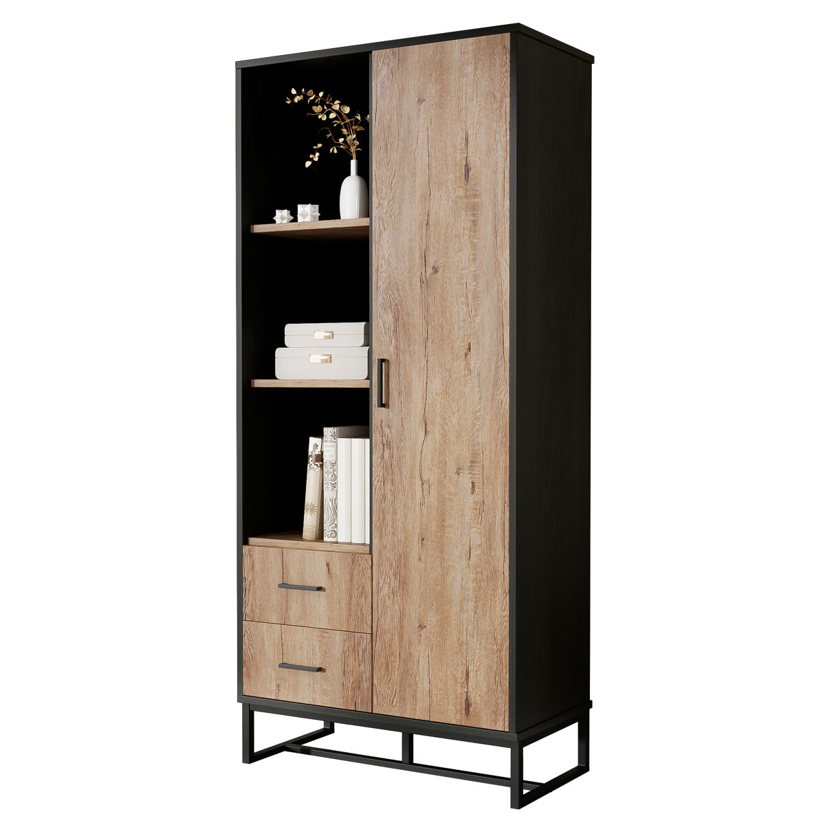 Armário auxiliar de mdf e painel de partículas com 1 porta e 2 gavetas,preto+natural