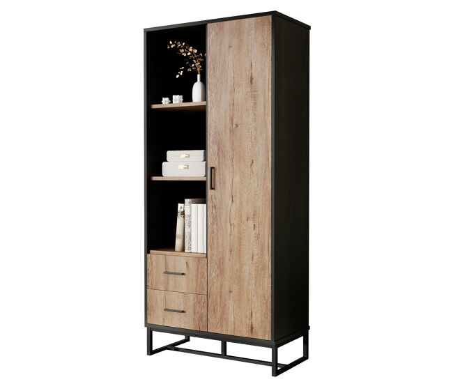 Armário auxiliar de mdf e painel de partículas com 1 porta e 2 gavetas,preto+natural