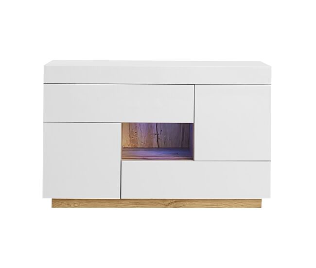 Aparador de painel de partículas com 2 portas,2 gavetas e luz led,branco+natural