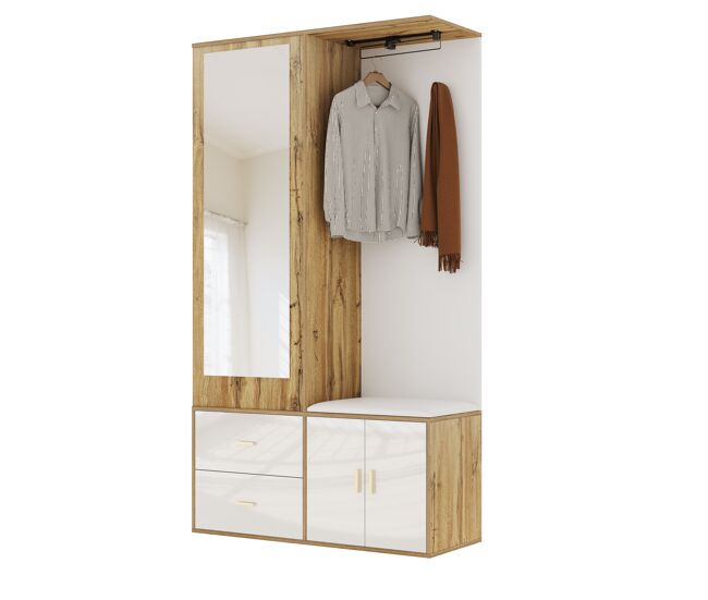 Móvel de entrada de painel de partículas com sapateira e espelho,natural+branco