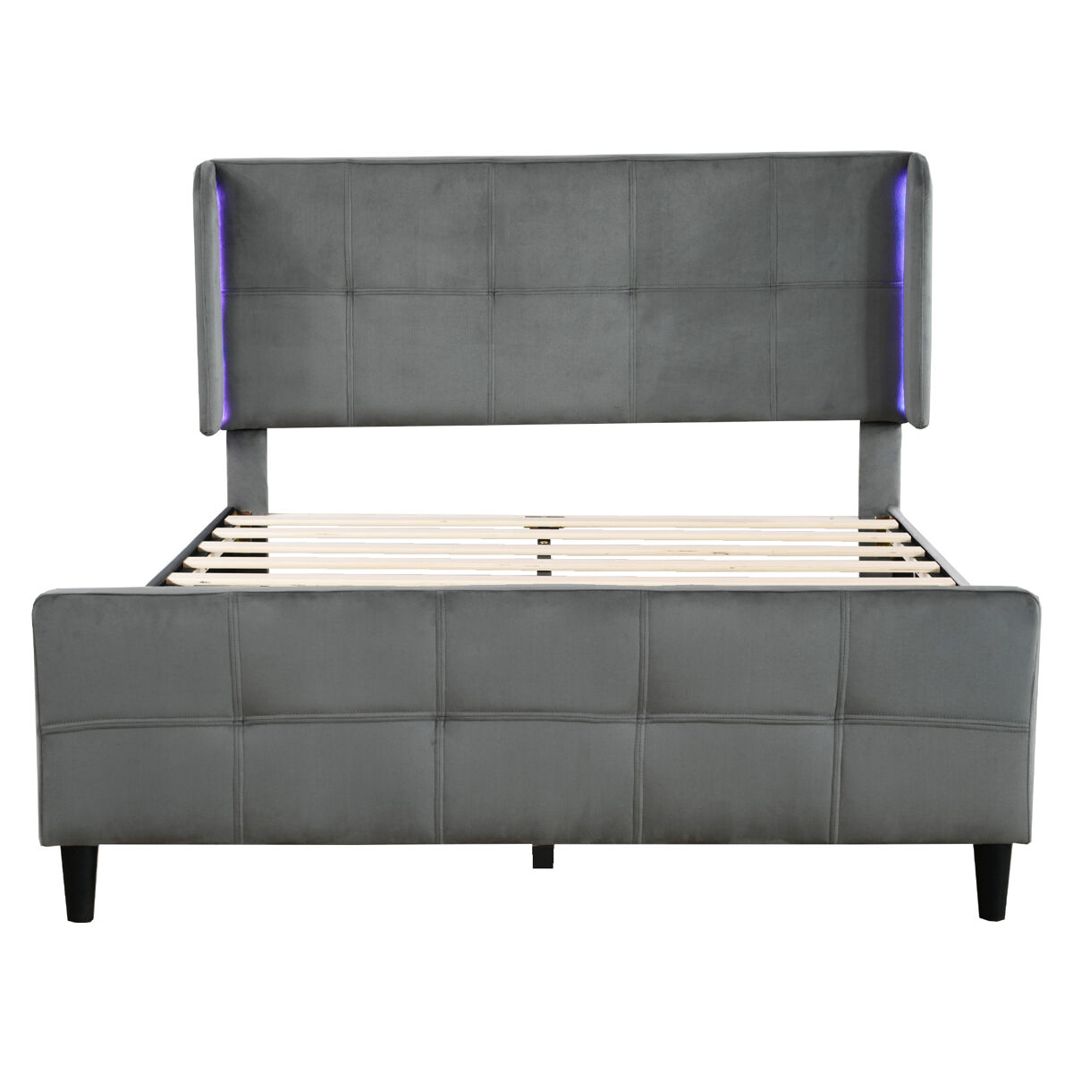 Cama estofada 140x200 cm - cama de casal com led de 16 cores, cabeceira e pés acolchoados, estrutura metálica, cabeceira ajustável em três alturas -