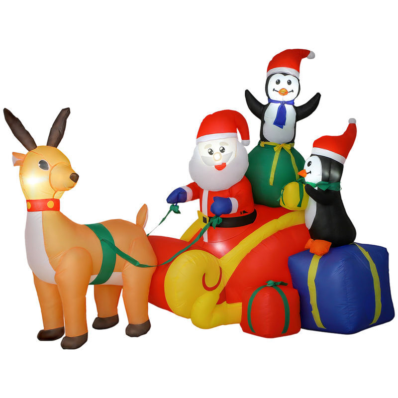 Outsunny pai natal insuflável com trenó pinguins e renas insufláveis de natal com luzes led decoração de natal para exterior e interior 180x120x155 cm