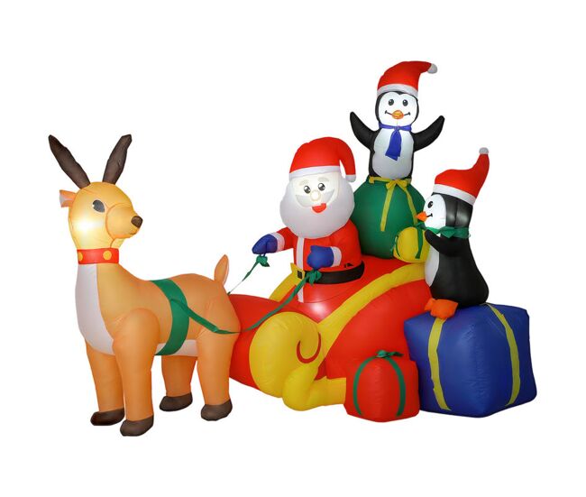 Outsunny pai natal insuflável com trenó pinguins e renas insufláveis de natal com luzes led decoração de natal para exterior e interior 180x120x155 cm