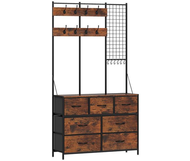 Homcom suporte para cabides entrada móvel de arrumação com sapateira 14 ganchos 7 gavetas de tecido e prateleira estilo industrial para corredor