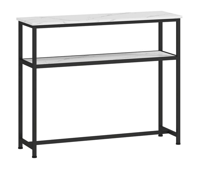 Homcom mesa consola moderna consola estreita com superfície com efeito mármore prateleira aberta e estrutura de metal consola de sofá para entrada