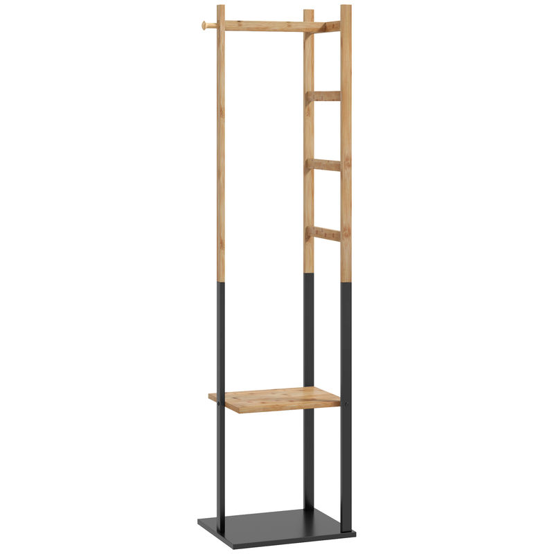 Homcom cabide de pé de bambu com 2 prateleiras 2 ganchos 5 barras cabide de entrada com estrutura de aço para pendurar roupa no corredor sala de estar