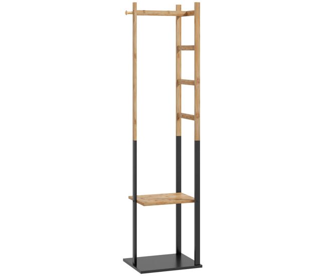 Homcom cabide de pé de bambu com 2 prateleiras 2 ganchos 5 barras cabide de entrada com estrutura de aço para pendurar roupa no corredor sala de estar