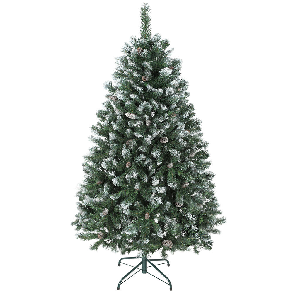 Homcom árvore de natal artificial 150 cm árvore de natal com 581 ramos com efeito neve 44 pinhas e suporte metálico dobrável montagem fácil para sala