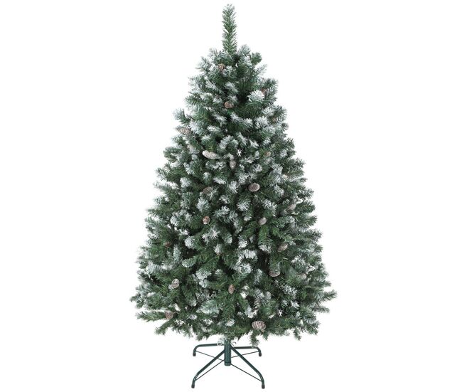 Homcom árvore de natal artificial 150 cm árvore de natal com 581 ramos com efeito neve 44 pinhas e suporte metálico dobrável montagem fácil para sala