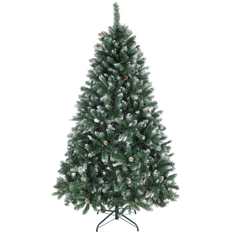 Homcom árvore de natal artificial 180 cm árvore de natal com 910 ramos com efeito neve 58 pinhas e suporte metálico dobrável montagem fácil para sala