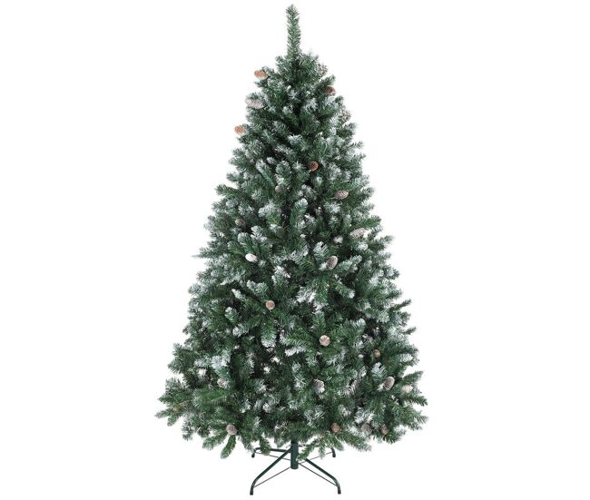 Homcom árvore de natal artificial 180 cm árvore de natal com 910 ramos com efeito neve 58 pinhas e suporte metálico dobrável montagem fácil para sala