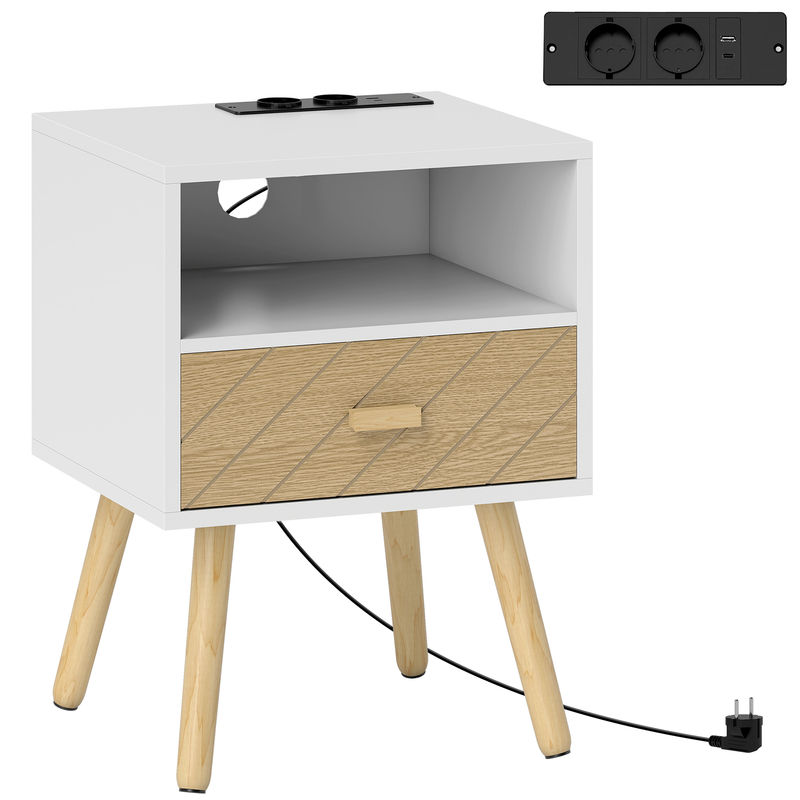 Homcom mesa de cabeceira com estação de carregamento gaveta 2 tomadas ac porta usb e tipo-c compartimento aberto pernas de madeira para sala quarto 40x35x54,7 cm blanc