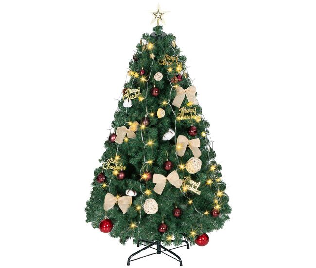 Homcom árvore de natal de 150 cm com decorações 150 luzes led blanc quente árvore de natal decorada com 8 modos de iluminação 480 ramos suporte de acier decoração para casa festa interior verde