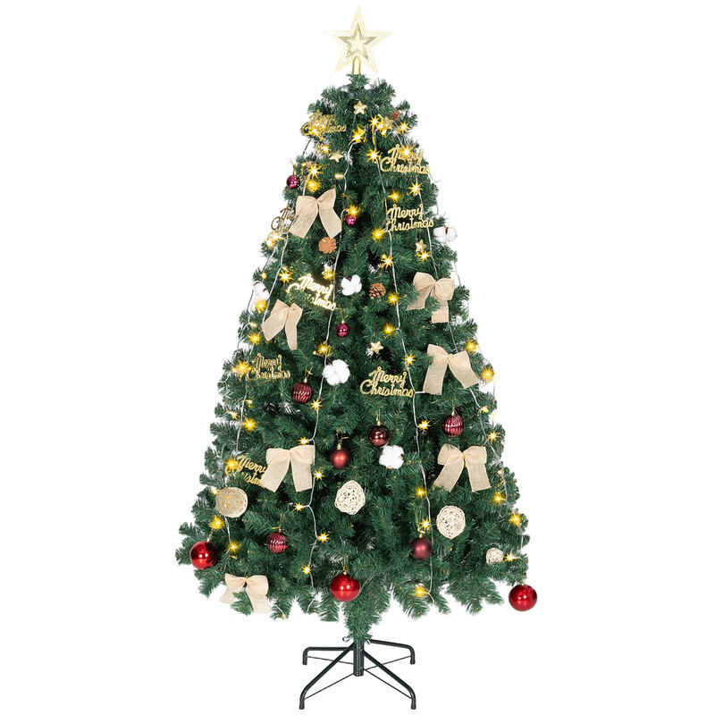Homcom árvore de natal de 180 cm com decorações 200 luzes led branco quente árvore de natal decorada com 8 modos de iluminação 650 ramos suporte de