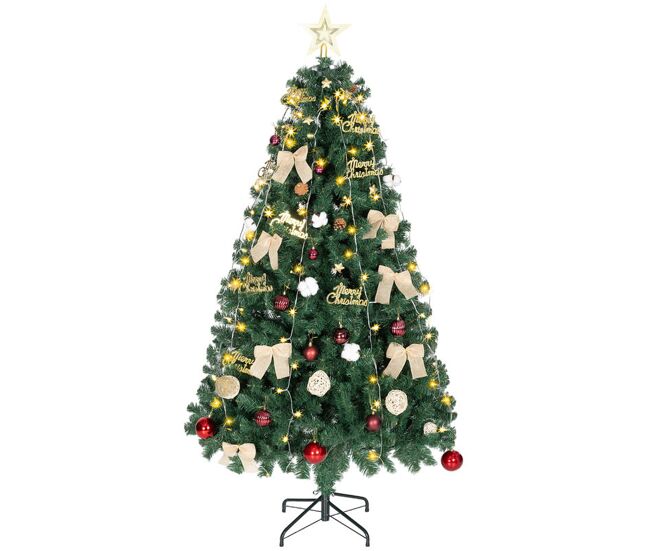 Homcom árvore de natal de 180 cm com decorações 200 luzes led branco quente árvore de natal decorada com 8 modos de iluminação 650 ramos suporte de