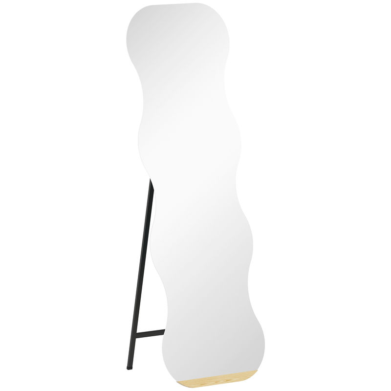 Homcom espelho de pé 160x50 cm sem moldura espelho de corpo inteiro com forma ondulada suporte e base de madeira montagem no chão ou apoiado na parede