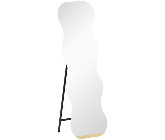 Homcom espelho de pé 160x50 cm sem moldura espelho de corpo inteiro com forma ondulada suporte e base de madeira montagem no chão ou apoiado na parede