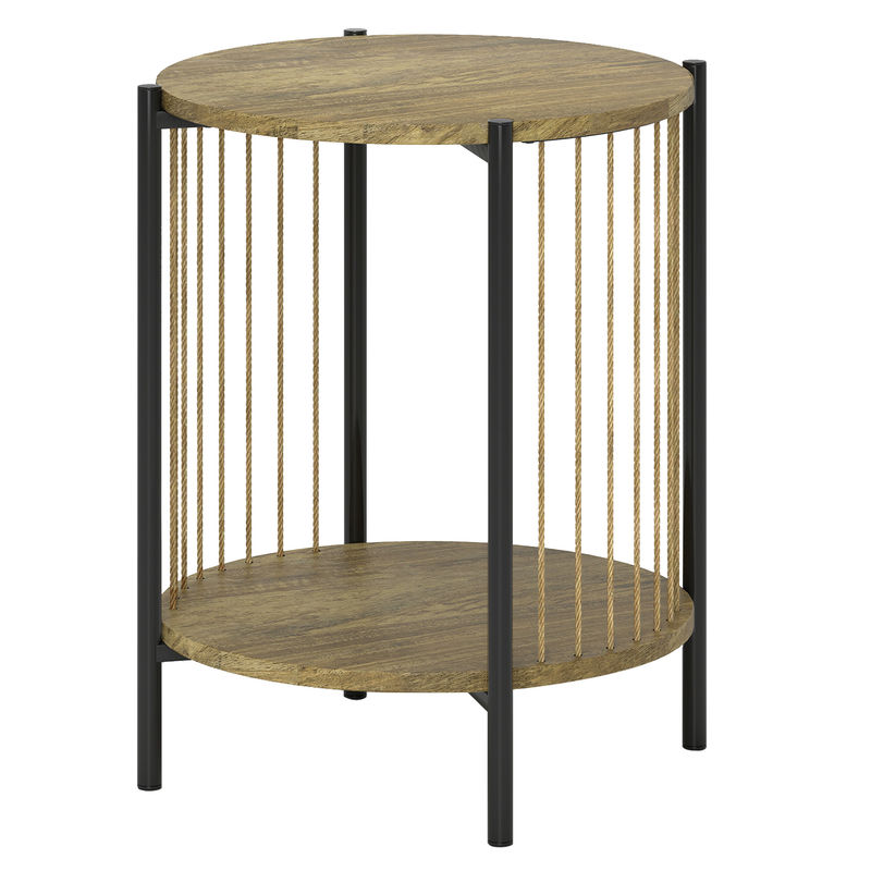 Homcom mesa auxiliar redonda de 2 níveis mesa auxiliar boémia com prateleira e estrutura em aço para sala de estar quarto 43,5x43,5x51 cm madeira e