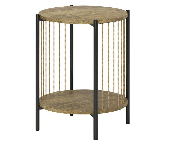 Homcom mesa auxiliar redonda de 2 níveis mesa auxiliar boémia com prateleira e estrutura em aço para sala de estar quarto 43,5x43,5x51 cm madeira e