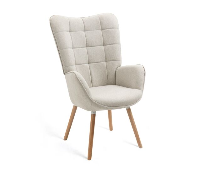 Meubles cosy cadeira de relax estofada em tecido bege com encosto alto ergonómico assento acolchoado pernas em madeira estilo moderno medidas