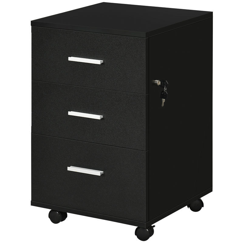 Vinsetto bloco de gavetas para escritório móvel de arquivos com 3 gavetas 4 rodas e fechadura com 2 chaves para escritório secretária casa 40x40x61,5 cm noir