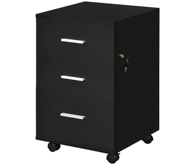 Vinsetto bloco de gavetas para escritório móvel de arquivos com 3 gavetas 4 rodas e fechadura com 2 chaves para escritório secretária casa 40x40x61,5 cm noir