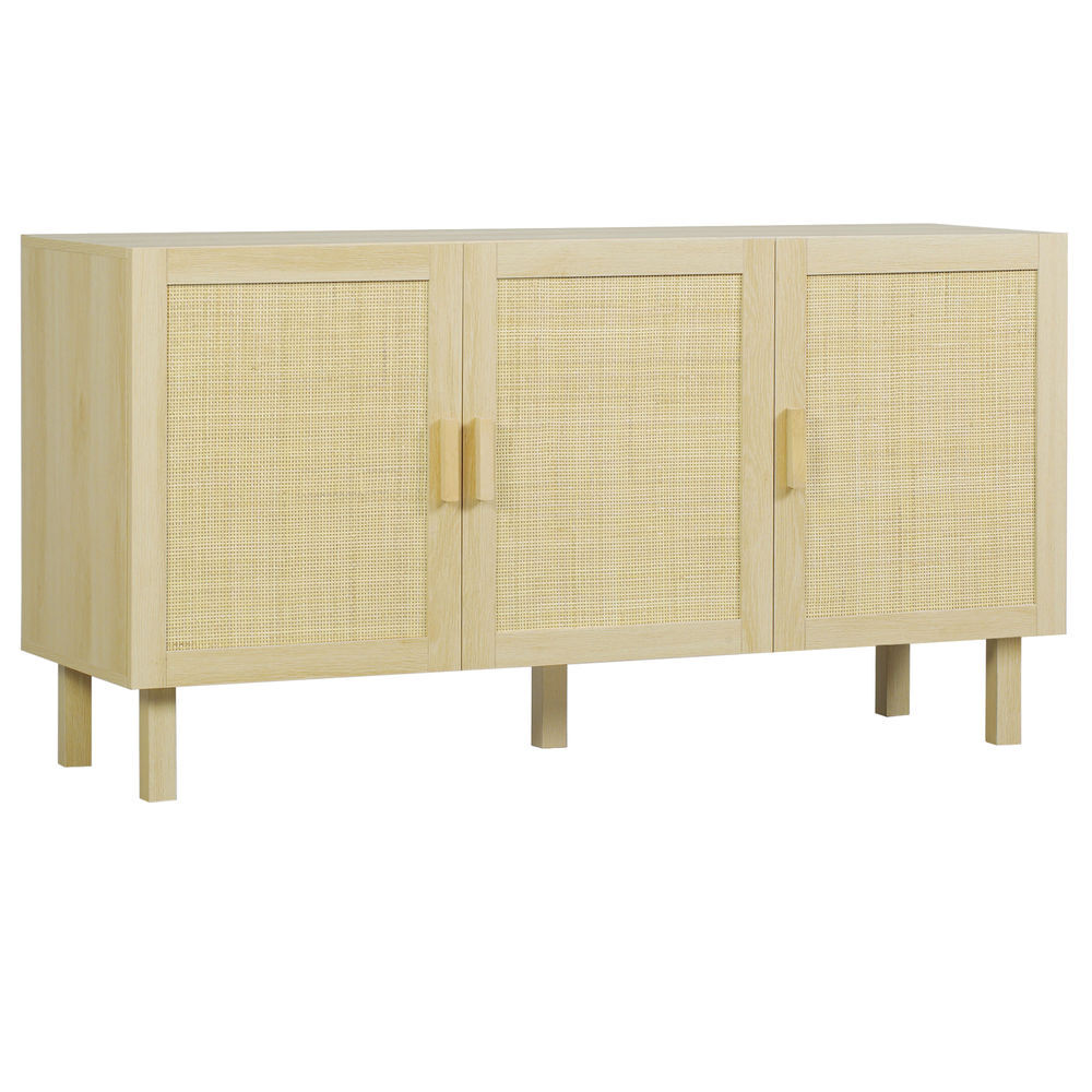 Homcom aparador 3 portas com palhinha aparador estilo cannage para sala de estar com prateleiras ajustáveis para sala de jantar entrada quarto 136x41x70 cm madeira