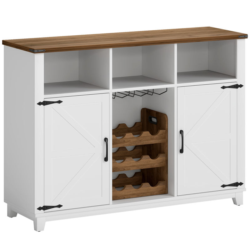 Homcom aparador de cozinha com suporte para garrafas aparador com 2 portas de celeiro prateleiras ajustáveis e suporte para copos para 9 garrafas