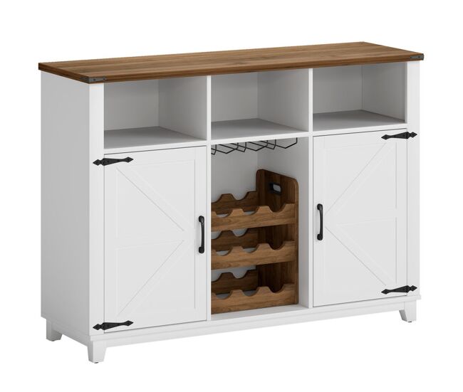 Homcom aparador de cozinha com suporte para garrafas aparador com 2 portas de celeiro prateleiras ajustáveis e suporte para copos para 9 garrafas