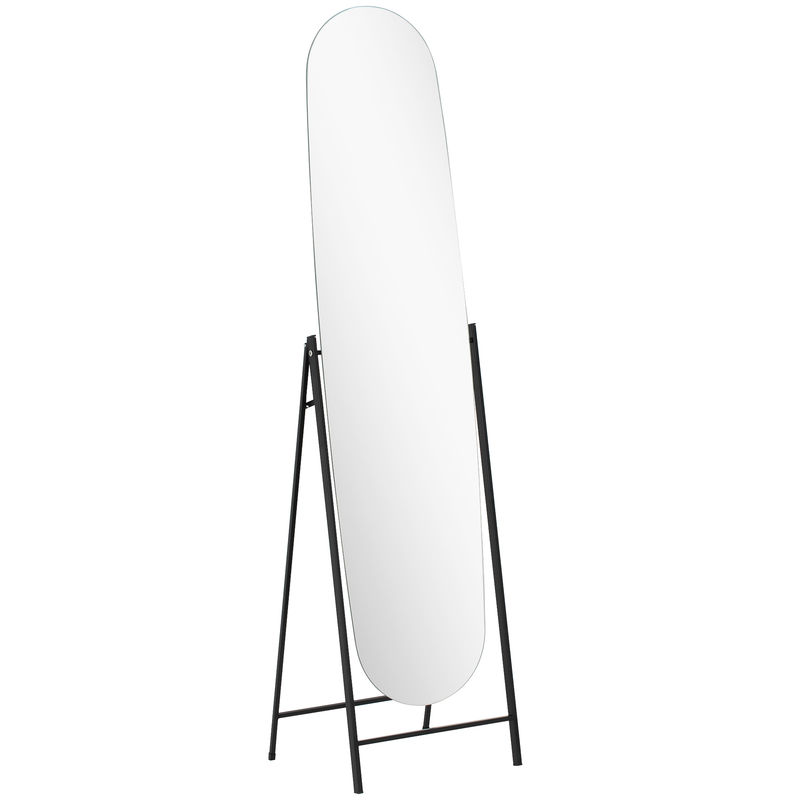 Homcom espelho de pé arqueado 160x40 cm espelho de corpo inteiro sem moldura com suporte de metal para sala quarto closet e entrada preto