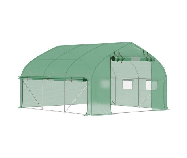 Outsunny estufa tipo túnel 347x300x200 cm estufa de jardim com porta enrolável 6 janelas cobertura pe 140g/m² estrutura de aço galvanizado para