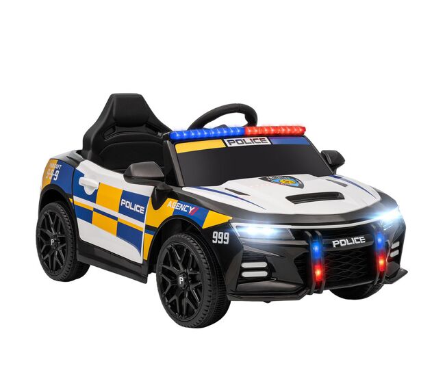 Aiyaplay carro électrique infantil modelo policial 12v com comando a distância 2,4 luzes sirene música usb e suspensão 96x60x45 cm multicor