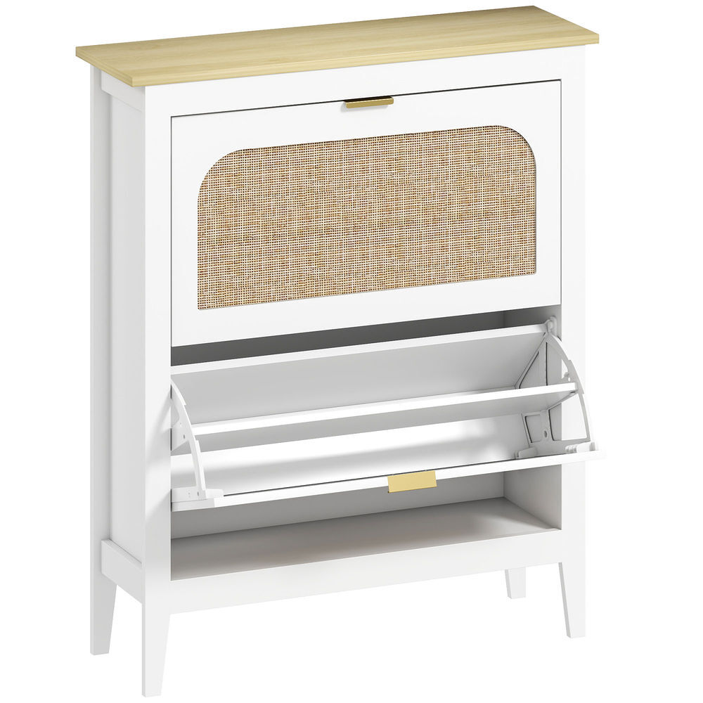 Homcom sapateira estreita com 2 portas em vime sapateira para entrada com prateleiras ajustáveis para 14 pares de sapatos 105x24x95,5 cm branco