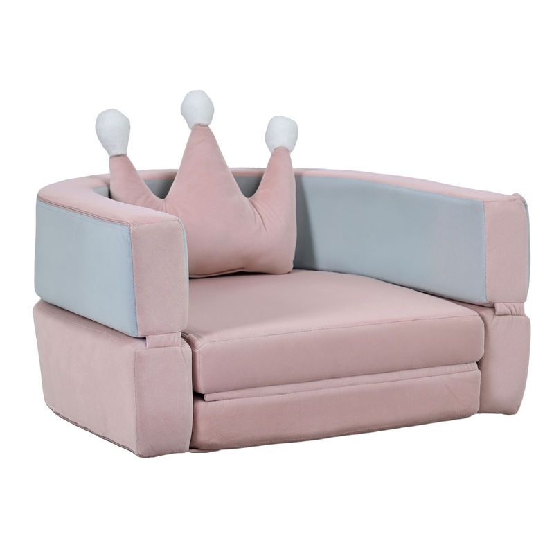 Aiyaplay sofá infantil convertível sofá para enfants com almofada em forma de coroa dobrável em cama e zona de brincadeiras estofado em veludo suave para enfants dos 18 aos 36 meses rosa e bleu acinzentado