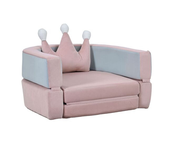 Aiyaplay sofá infantil convertível sofá para enfants com almofada em forma de coroa dobrável em cama e zona de brincadeiras estofado em veludo suave para enfants dos 18 aos 36 meses rosa e bleu acinzentado