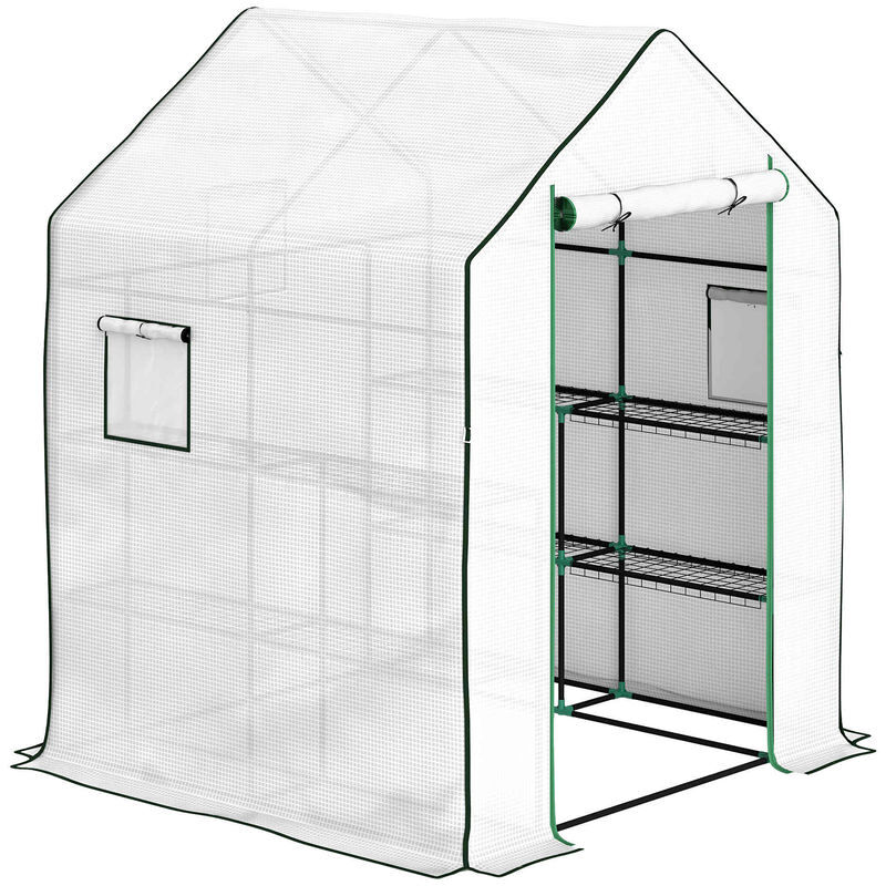 Outsunny estufa de jardim pequena de 3 níveis com 6 étagères porta enrolável capa de pe e estrutura de acier para cultivo de plantas e flores 140x143x190 cm blanc