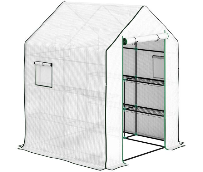 Outsunny estufa de jardim pequena de 3 níveis com 6 étagères porta enrolável capa de pe e estrutura de acier para cultivo de plantas e flores 140x143x190 cm blanc