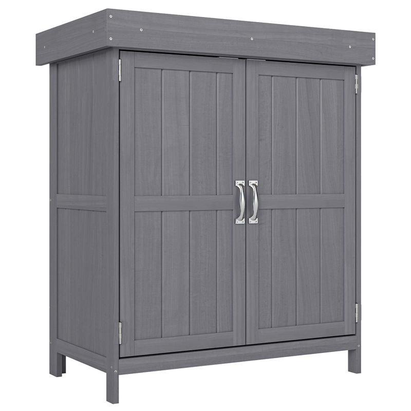 Outsunny armário de jardim de madeira 74x43x88 cm armário de exterior para armazenamento de ferramentas e lenhas com 2 portas e teto asfaltico cinza