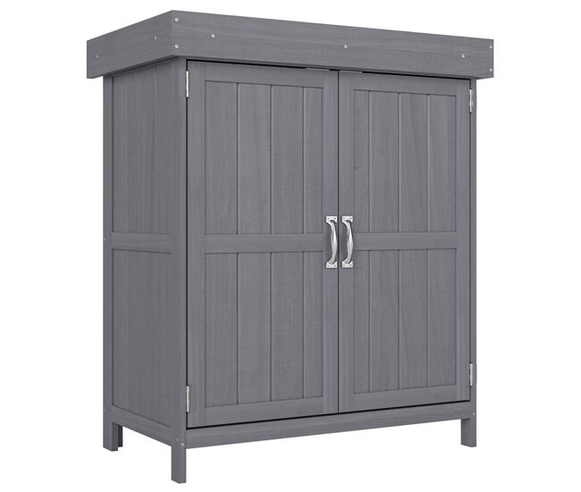 Outsunny armário de jardim de madeira 74x43x88 cm armário de exterior para armazenamento de ferramentas e lenhas com 2 portas e teto asfaltico cinza